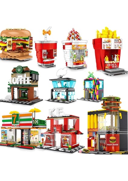 0705G Kutu Stili Yok Paspas Pazarı Sokak Görünümü Model Yapı Taşları Hamburger Restoran Perakende Mağaza Yaratıcı Mimari Arkadaş Kız Şehir Ayarlar (Yurt Dışından)