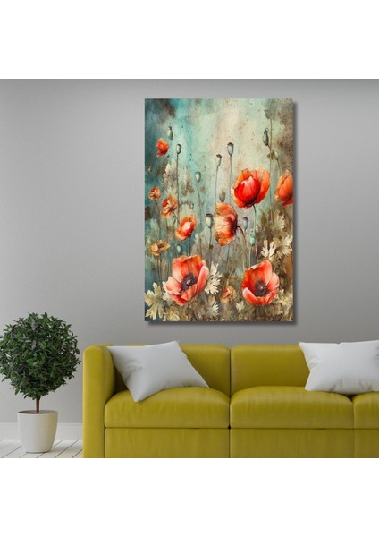 Tekli Dikey Kanvas Duvar Tablosu Çizgisel Gelincik Tasarımı