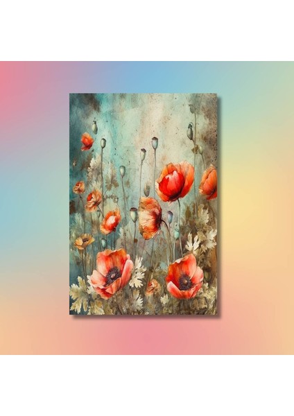 Tekli Dikey Kanvas Duvar Tablosu Çizgisel Gelincik Tasarımı modelleri