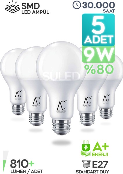 LED Ampül 5 Adet 9W Smd Süper LED Beyaz Işık 810LM 6500K Tasarruflu Lamba