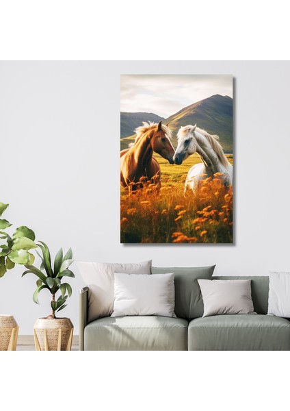 Tekli Dikey Kanvas Duvar Tablosu Birbirine Bakan At ve Manzara