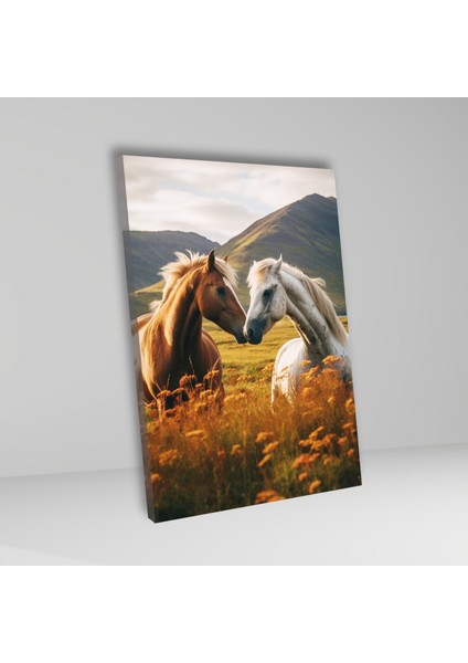 Tekli Dikey Kanvas Duvar Tablosu Birbirine Bakan At ve Manzara fiyatları