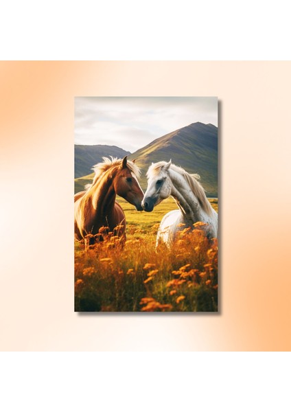 Tekli Dikey Kanvas Duvar Tablosu Birbirine Bakan At ve Manzara modelleri