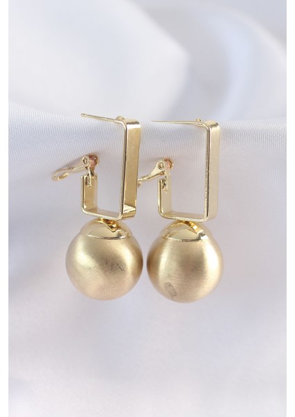 Pirinç Gold Renk Dikdörtgen Detay Oval Küpe