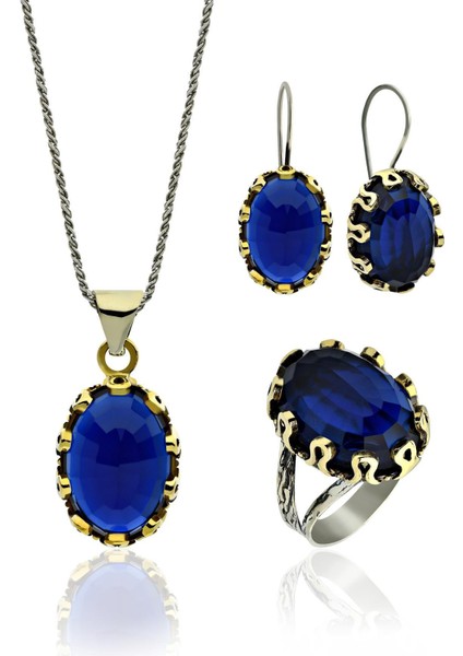 Safir Taşlı Otantik Gümüş Kadın Set