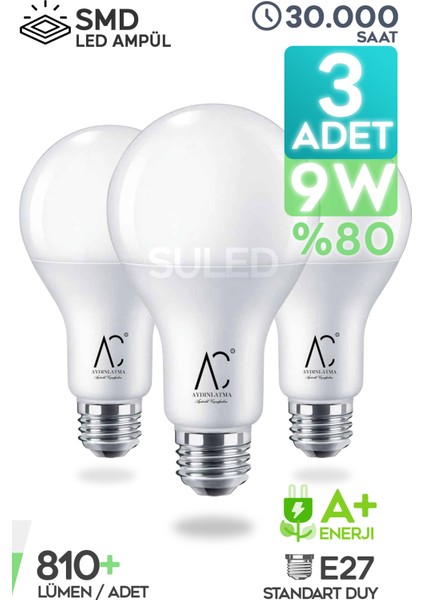 LED Ampül 3 Adet 9W Smd Süper LED Beyaz Işık 810LM 6500K Tasarruflu Lamba