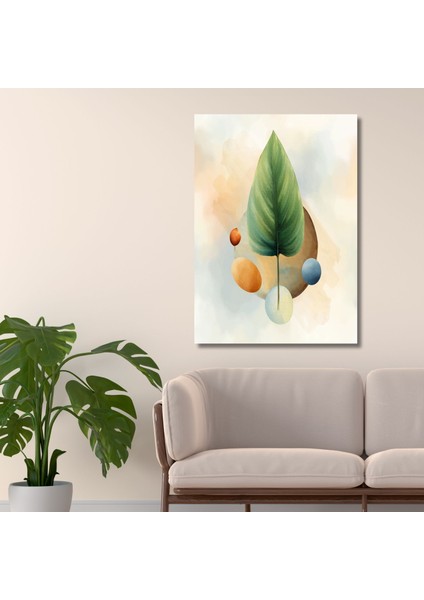 Tekli Dikey Kanvas Duvar Tablosu Soyut Oval Şekil ve Yaprak