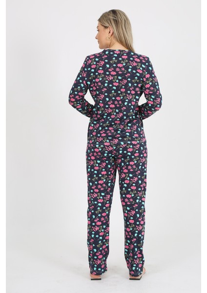 Kadın Çiçekli Lacivert Uzun Kollu Pijama Takımı