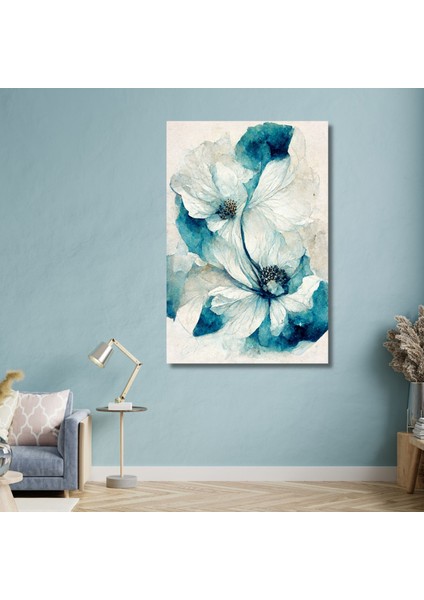 Tekli Dikey Kanvas Duvar Tablosu Modern Mavi Beyaz Çiçekler