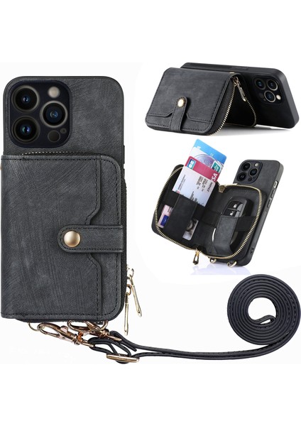 iPhone 13 Pro Için D3 Kılıf Fermuarlı Cep Deri Kaplamalı Pc+Tpu Kordonlu Kickstand Kapağı - Siyah (Yurt Dışından)