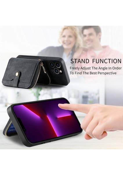 iPhone 13 Pro Için D3 Kılıf Fermuarlı Cep Deri Kaplamalı Pc+Tpu Kordonlu Kickstand Kapağı - Siyah (Yurt Dışından) fırsatları