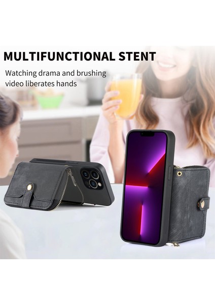 iPhone 13 Pro Için D3 Kılıf Fermuarlı Cep Deri Kaplamalı Pc+Tpu Kordonlu Kickstand Kapağı - Siyah (Yurt Dışından) indirimleri