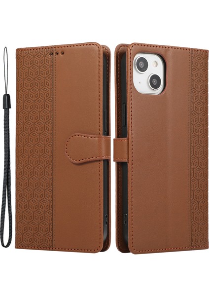 iPhone 15 Plus Için R20 Telefon Kılıfı Ekleme Baskılı Eşkenar Dörtgen Deri Cüzdan Kapağı - Kahverengi (Yurt Dışından)