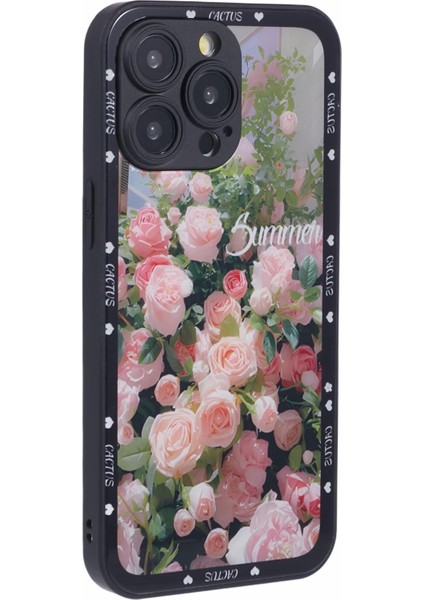 Kyw Serisi iPhone 13 Pro Kılıf Kamera Koruma Çiçek Desenli Temperli Cam Telefon Kılıfı - Siyah / Pembe Güller (Yurt Dışından)
