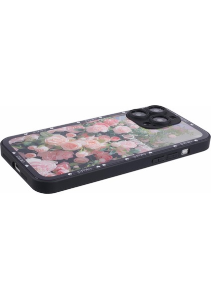 Kyw Serisi iPhone 13 Pro Kılıf Kamera Koruma Çiçek Desenli Temperli Cam Telefon Kılıfı - Siyah / Pembe Güller (Yurt Dışından) indirimleri