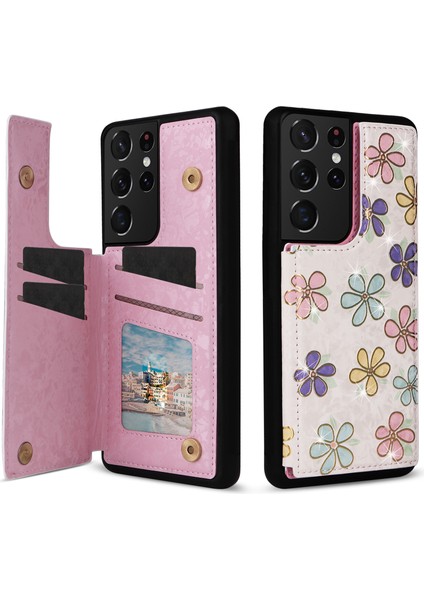 Samsung Galaxy S21 Ultra 5g Kart Yuvaları Kickstand Rfıd Engelleme Cep Telefonu Kılıfı Pu Deri + Tpu Kapak - Çiçekler (Yurt Dışından)
