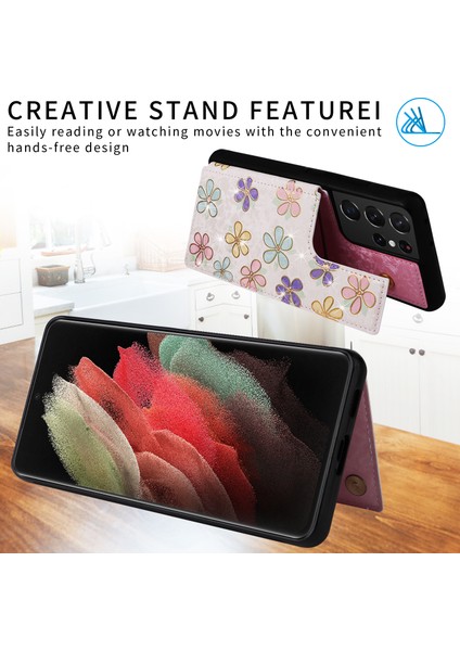 Samsung Galaxy S21 Ultra 5g Kart Yuvaları Kickstand Rfıd Engelleme Cep Telefonu Kılıfı Pu Deri + Tpu Kapak - Çiçekler (Yurt Dışından) fırsatları