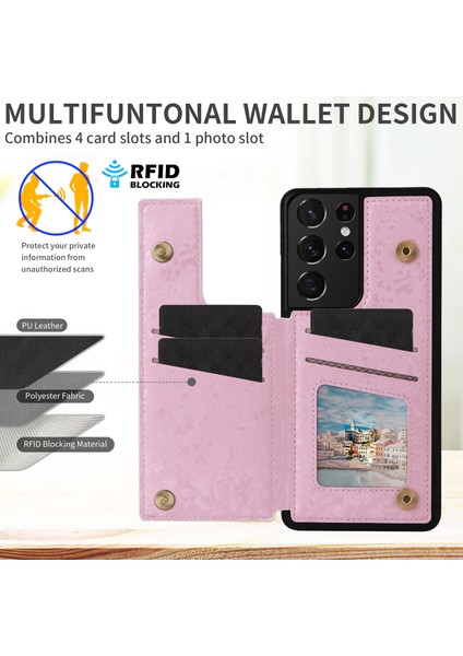 Samsung Galaxy S21 Ultra 5g Kart Yuvaları Kickstand Rfıd Engelleme Cep Telefonu Kılıfı Pu Deri + Tpu Kapak - Çiçekler (Yurt Dışından) indirimleri