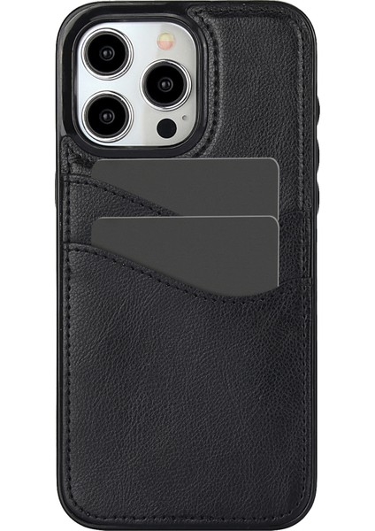 iPhone 14 Pro Max Için Kılıf Kart Yuvası Düşmeyi Önleyici Pu+Tpu Telefon Koruyucu-Siyah (Yurt Dışından)