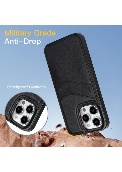 iPhone 14 Pro Max Için Kılıf Kart Yuvası Düşmeyi Önleyici Pu+Tpu Telefon Koruyucu-Siyah (Yurt Dışından)