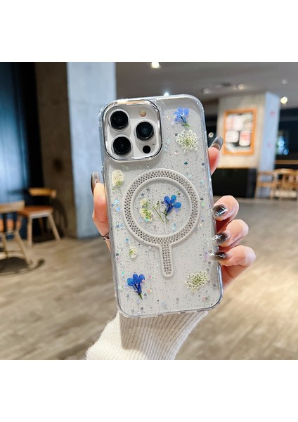 iPhone 13 Pro Max Kılıf Pc+Tpu Cep Telefonu Kapağı Manyetik Epoksi Kurutulmuş Çiçek Telefon Kabuğu - Lobelia Erinus (Yurt Dışından) fiyatları