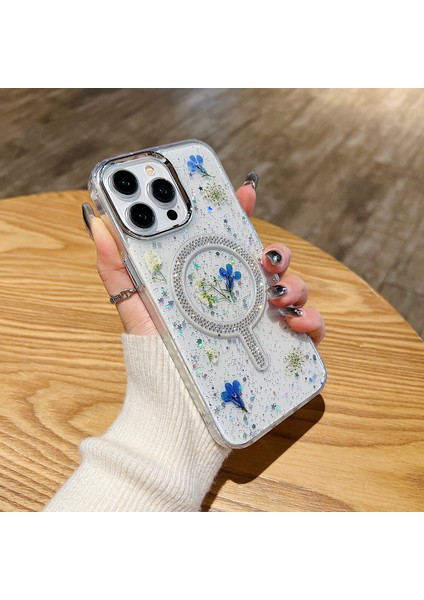 iPhone 13 Pro Max Kılıf Pc+Tpu Cep Telefonu Kapağı Manyetik Epoksi Kurutulmuş Çiçek Telefon Kabuğu - Lobelia Erinus (Yurt Dışından) modelleri