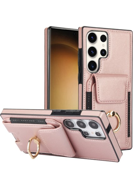 Samsung Galaxy S23 Ultra Kılıf Deri + Tpu Kickstand Kart Tutucu Telefon Kapağı - Pembe Altın (Yurt Dışından)