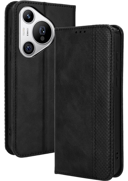 Huawei Pura 70 Kılıf Standı Cüzdan Retro Doku Deri Flip Telefon Kapağı - Siyah (Yurt Dışından)