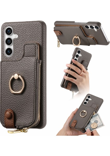 Samsung Galaxy S23 Fe Kılıf Fermuar Cüzdan Yüzük Kickstand Arka Kabuk Için Y3 - Gri (Yurt Dışından)