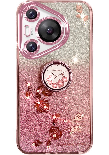 Kadem Huawei Pura 70 Pro / Pura 70 Pro+ Kickstand Kılıfı Yapay Elmas Çiçek Tpu Telefon Kabuğu - Gül Altın (Yurt Dışından)