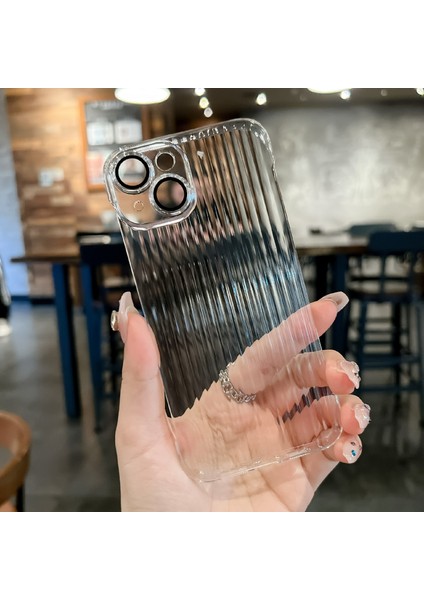 iPhone 15 Plus Kılıf Için Yan Çerçevesiz Tasarım Oluklu Doku Pc Lens Filmli Şeffaf Telefon Kapağı (Yurt Dışından)