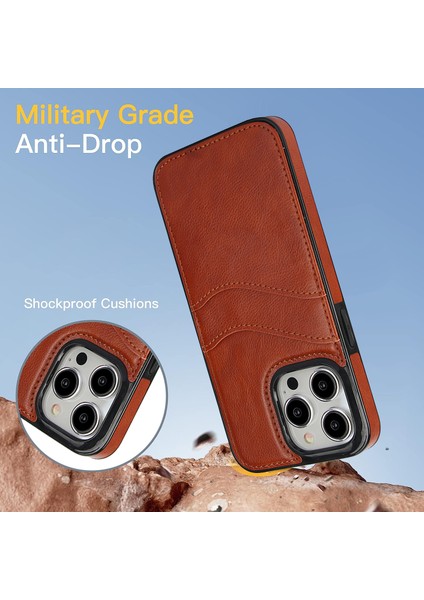 iPhone 14 Pro Max Için Kılıf Kart Yuvası Düşmeyi Önleyici Pu+Tpu Telefon Koruyucu-Kahverengi (Yurt Dışından)