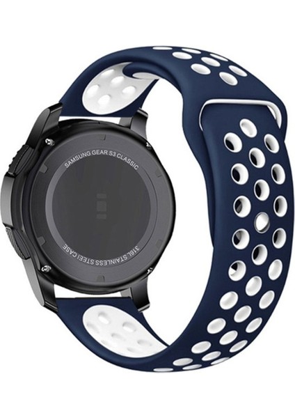 Amazfit Gtr/Gtr 2/Gtr 2e 47 mm (22 Mm) Uyumlu Kordon Silikon Nike Delikli Spor Kayış, Mavi-Beyaz