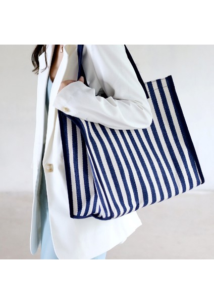 Casual Stripe Tote Çanta Bayanlar Denim Çanta Orta Hafif Omuz Messenger Çanta (Yurt Dışından)