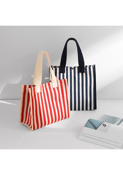 Casual Stripe Tote Çanta Bayanlar Denim Çanta Orta Hafif Omuz Messenger Çanta (Yurt Dışından)