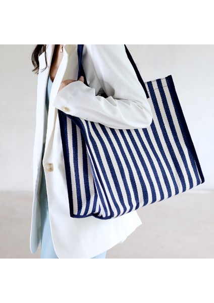 Casual Stripe Tote Çanta Bayanlar Denim Çanta Orta Hafif Omuz Messenger Çanta (Yurt Dışından) modelleri