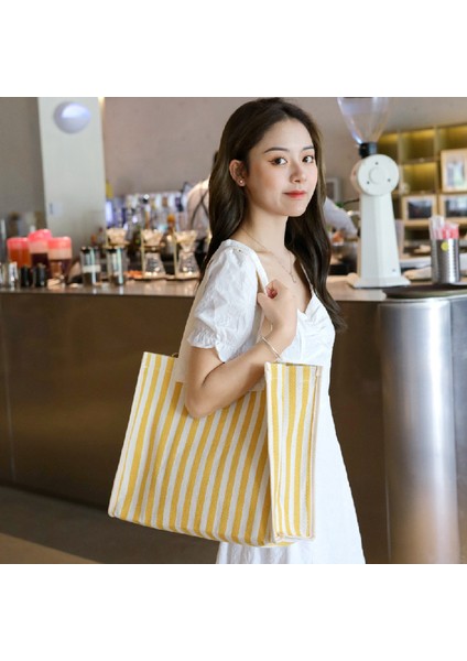 Casual Stripe Tote Çanta Bayanlar Denim Çanta Orta Hafif Omuz Messenger Çanta (Yurt Dışından)