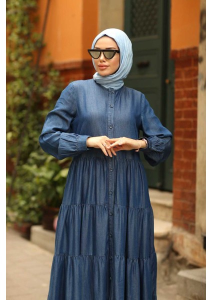 6556-DENIM Düğmeli Büzgülü Elbise Koyu Mavi fiyatları