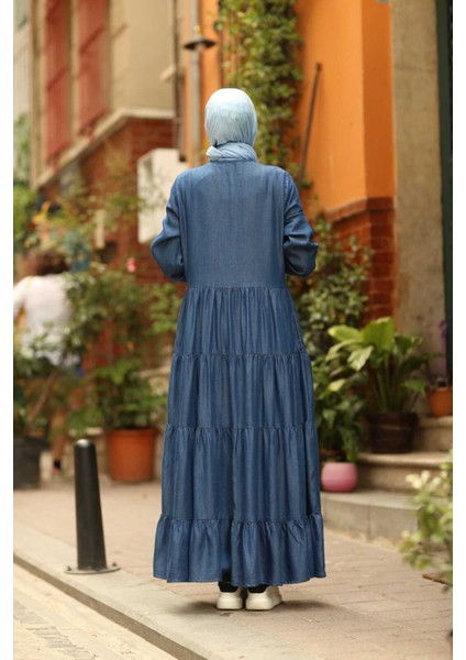 6556-DENIM Düğmeli Büzgülü Elbise Koyu Mavi indirimleri