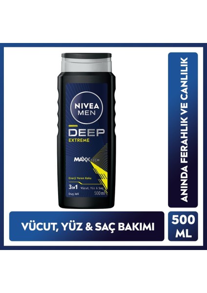 Men Erkek Deep Extreme Duş Jeli 500ML, 3'ü 1 Arada Komple Bakım, Vücut, Saç ve Yüz Için, Ferahlık