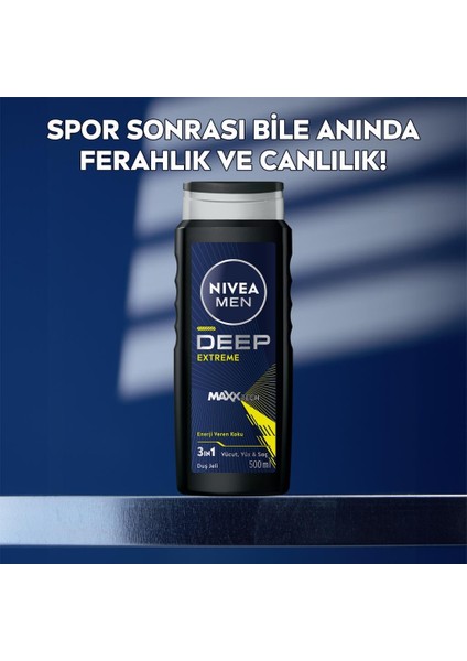 Men Erkek Deep Extreme Duş Jeli 500ML, 3'ü 1 Arada Komple Bakım, Vücut, Saç ve Yüz Için, Ferahlık