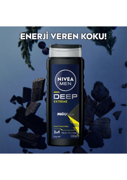 Men Erkek Deep Extreme Duş Jeli 500ML, 3'ü 1 Arada Komple Bakım, Vücut, Saç ve Yüz Için, Ferahlık