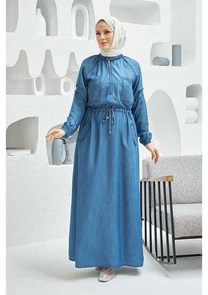 6501-TAŞLI Denim Reglan Kollu Elbise Koyu Mavi