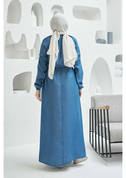 6501-TAŞLI Denim Reglan Kollu Elbise Koyu Mavi fırsatları