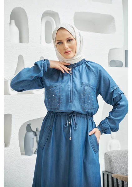 6501-TAŞLI Denim Reglan Kollu Elbise Koyu Mavi indirimleri