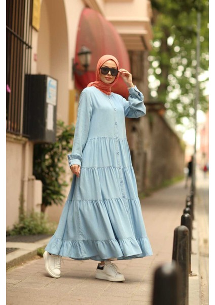 6556-DENIM Düğmeli Büzgülü Elbise Açık Mavi fiyatları