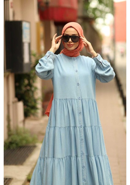 6556-DENIM Düğmeli Büzgülü Elbise Açık Mavi modelleri