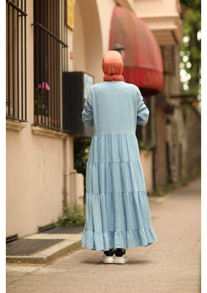 6556-DENIM Düğmeli Büzgülü Elbise Açık Mavi indirimleri