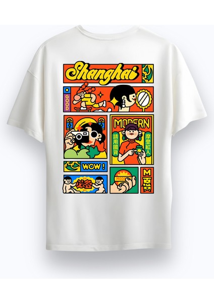 Unisex Oversize Bisiklet Yaka Baskılı Kısa Kollu Beyaz Tişört