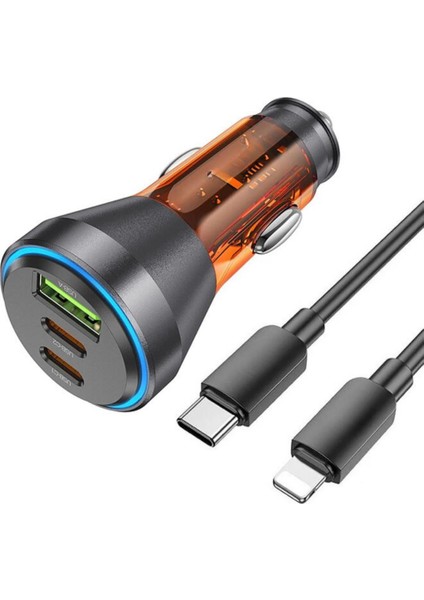 Super Şarj Alüminyum 2 Type-C USB Girişli PD60W Araç Şarjı ve Iphone Şarj Kablosu Araç Şarjı